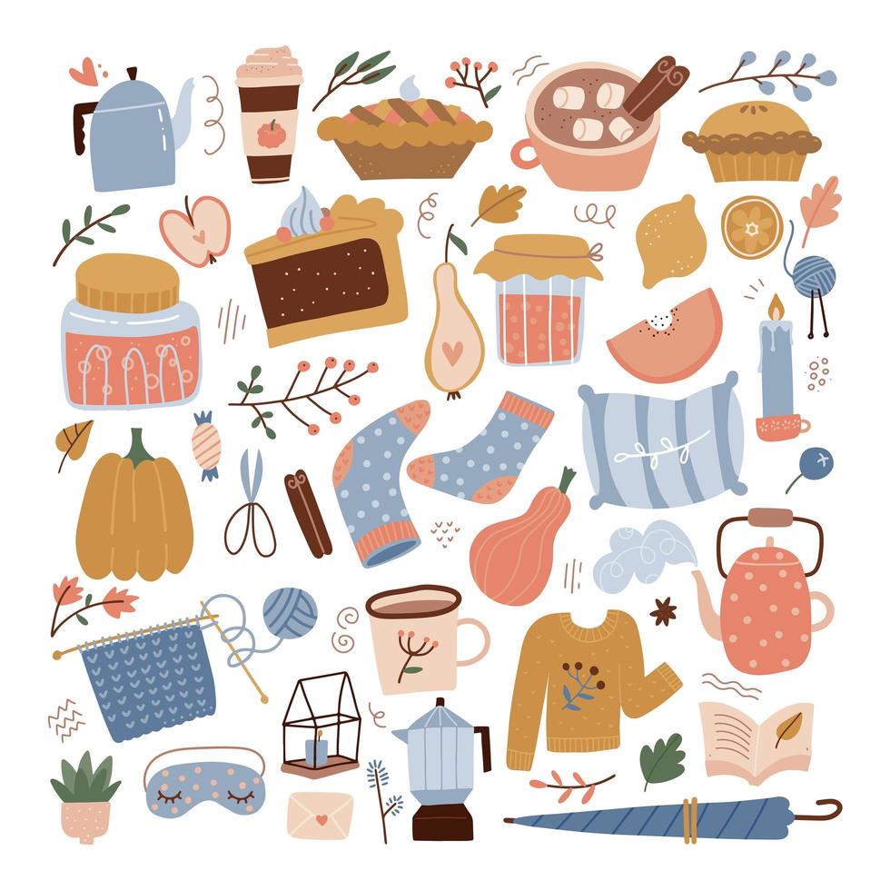 Cozy large autumn set. Cute fall begerage, leaves, food, interior decor in trendy pastel color palette in scandinavian style. Modern flat vector illustration.