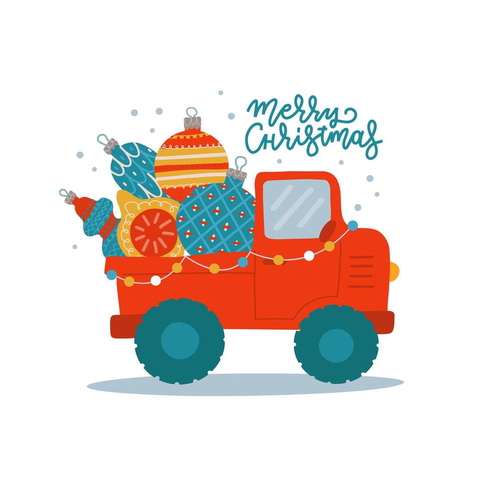 Truck carries Christmas tree baubles and balls. Pickup with huge decorated holiday toys. Flat vector Illustration for new year or Xmas. Isolated concept.