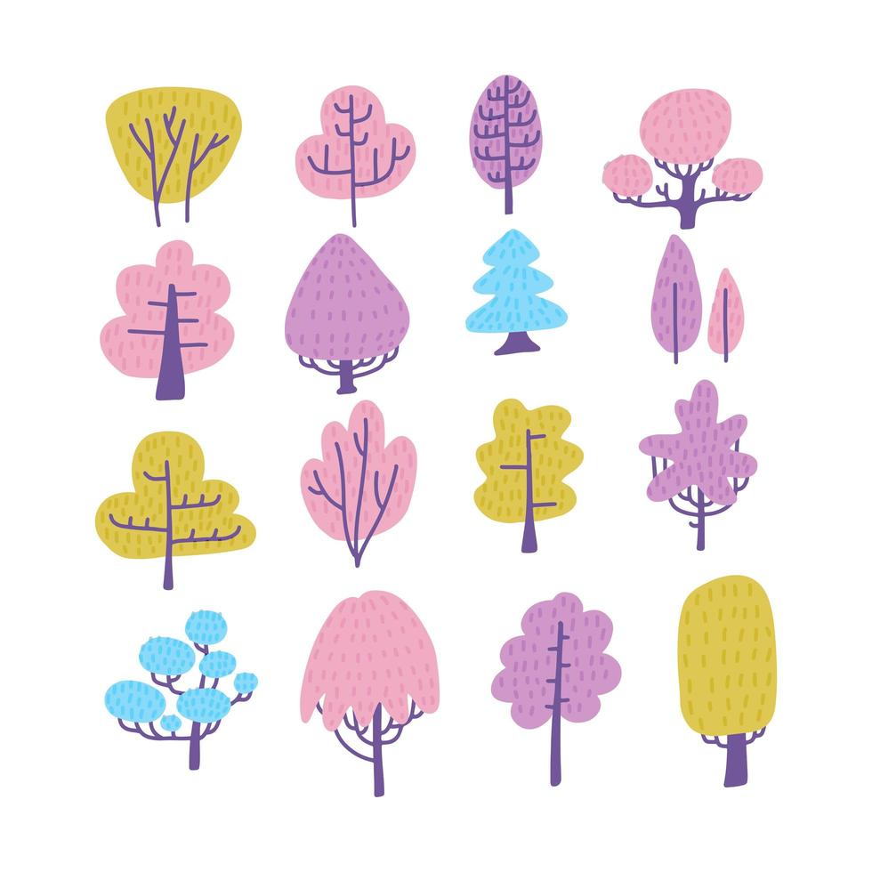 Set of cartoon doodle trees. Beautiful hand drawn childish, scandinavian flat style illustration collection. vector