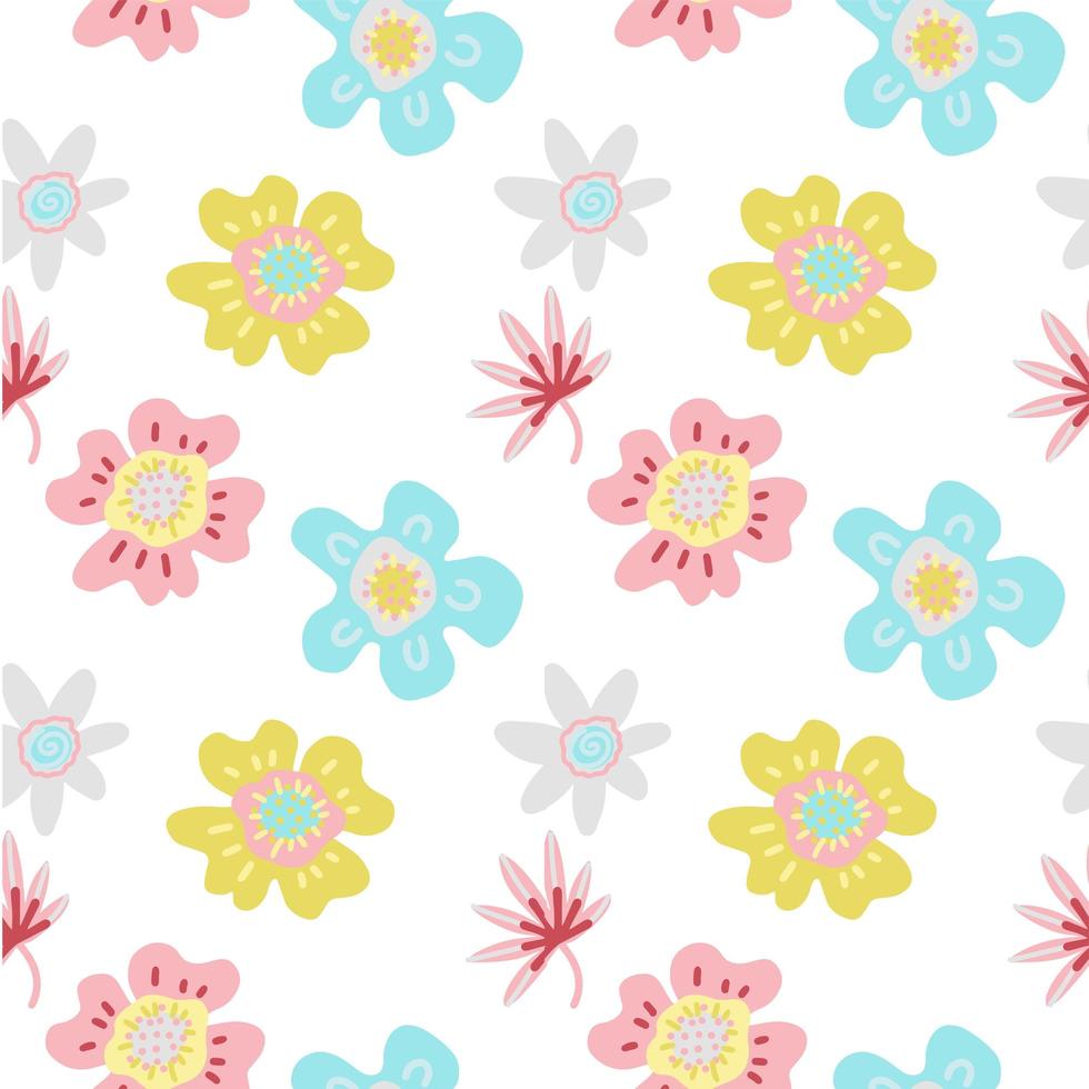 Seamless colorful floral pattern with wild abstract flowers on white background. Simple scandinavian style. Vector flat illustration