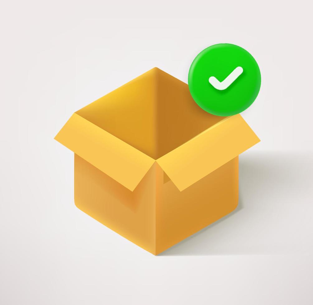 Opened delivery box icon with checkmark. 3d vector icon