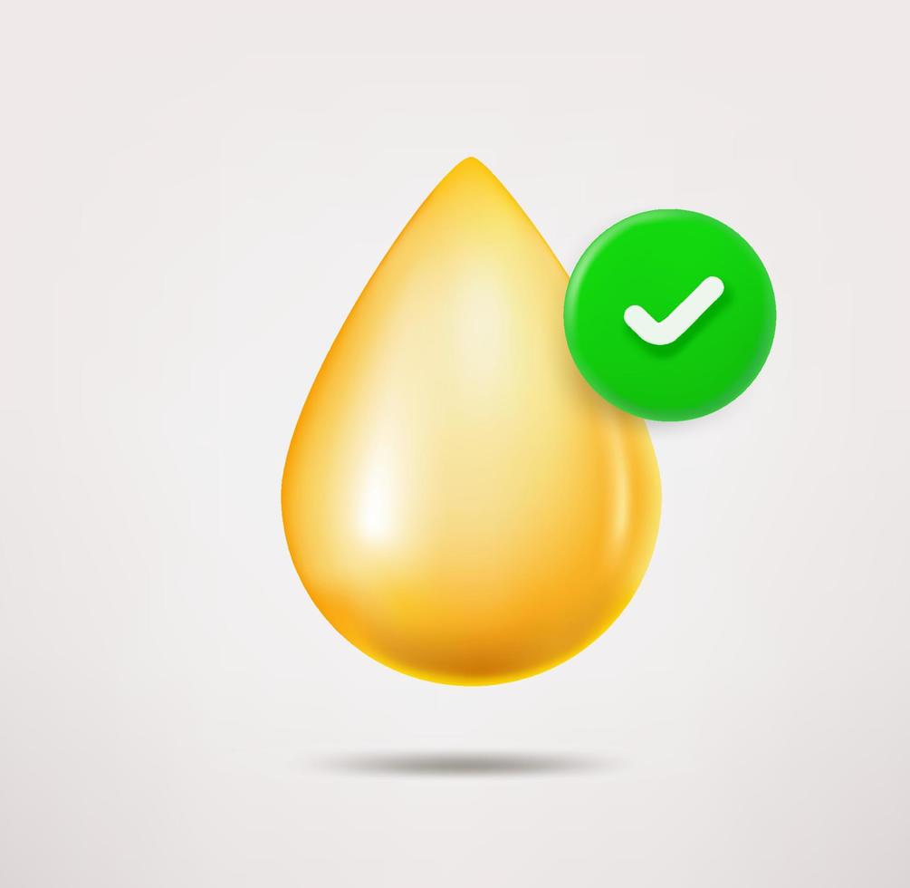 Oil drop icon with checkmark. 3d vector icon