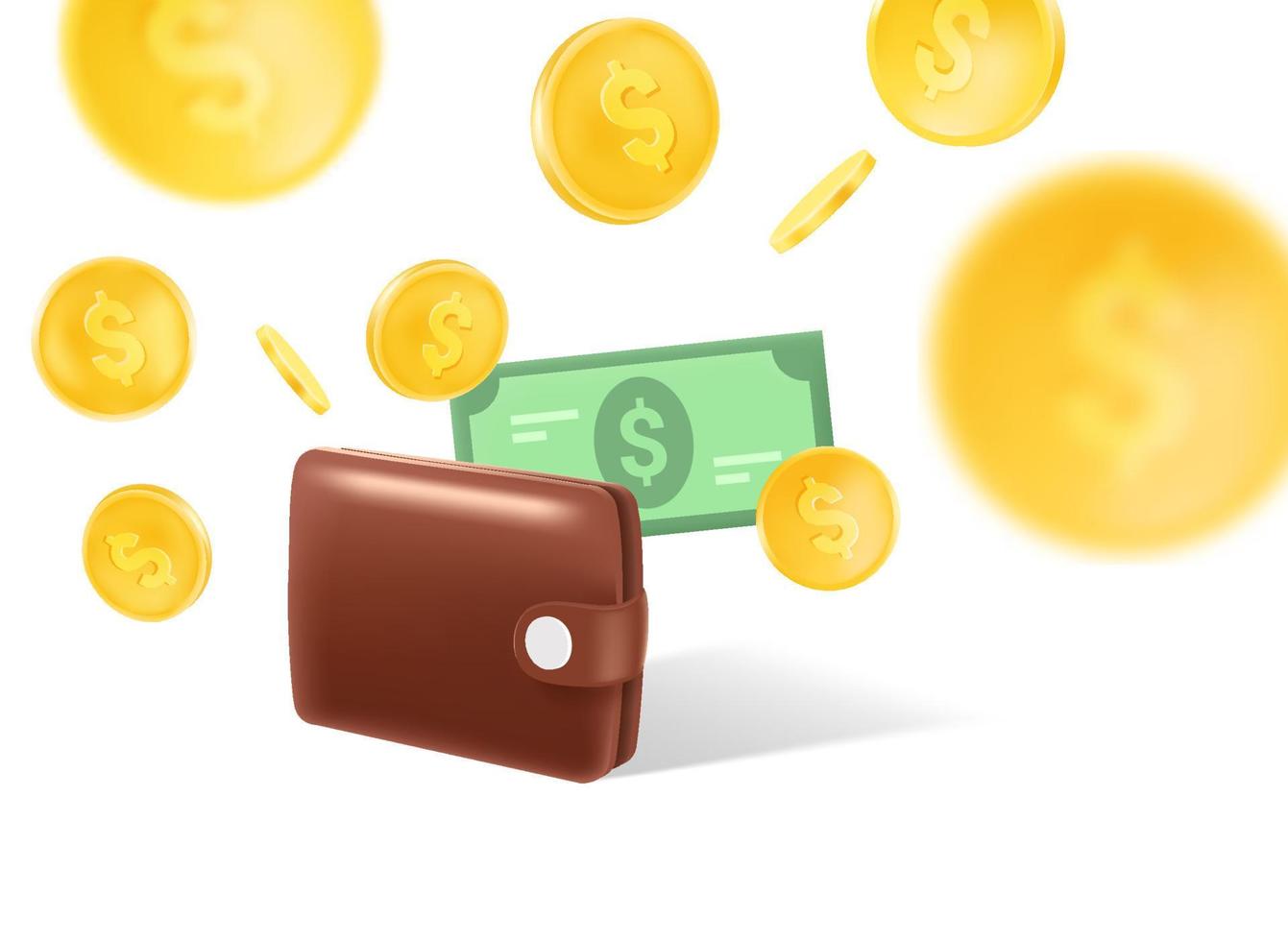 Wallet with golden coins, banknotes and credit card vector