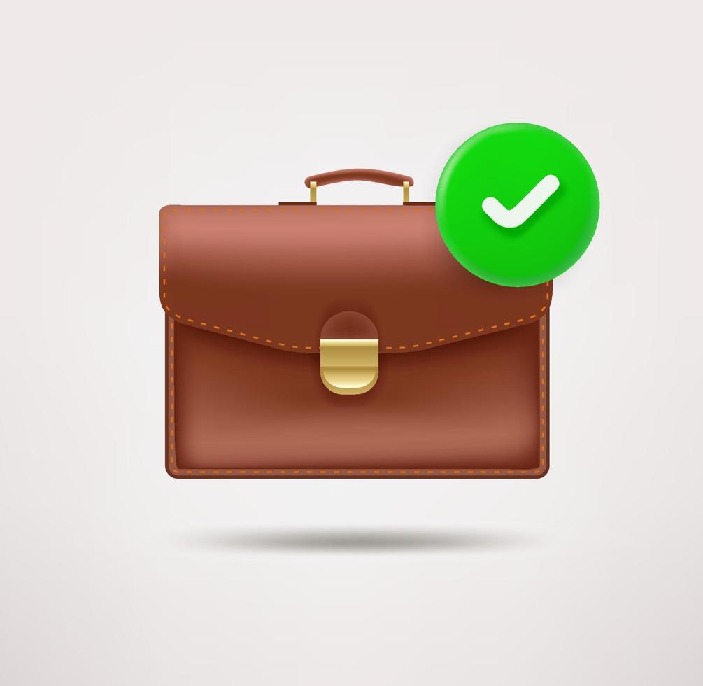 Briefcase icon with checkmark. 3d vector icon