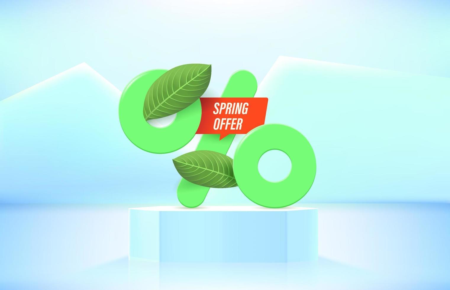 banner de venta de temporada de primavera. escaparate de estudio con signo y etiqueta de porcentaje. ilustración vectorial 3d vector