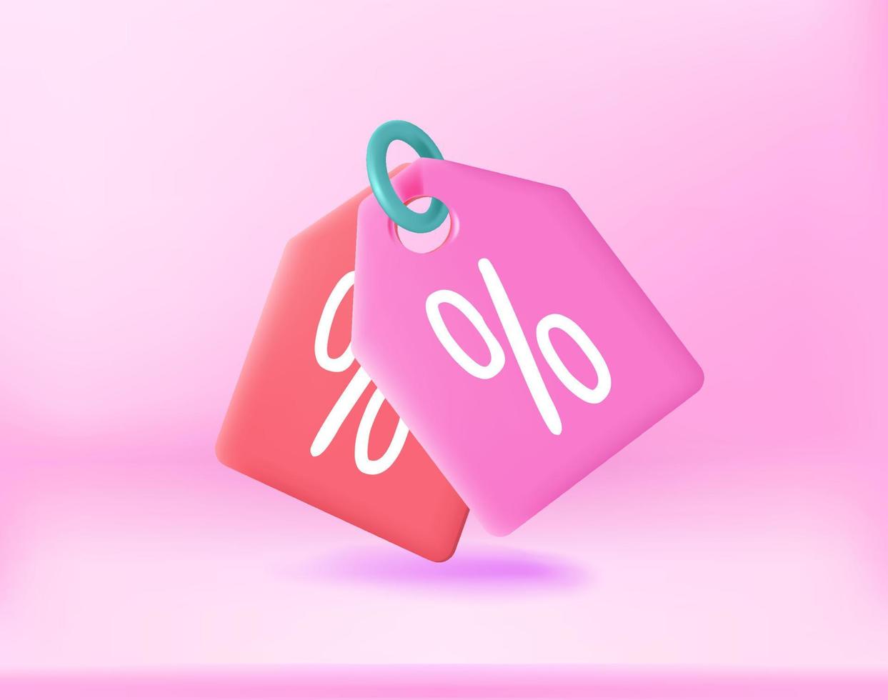 Shopping price tags on pink background. 3d vector illustration