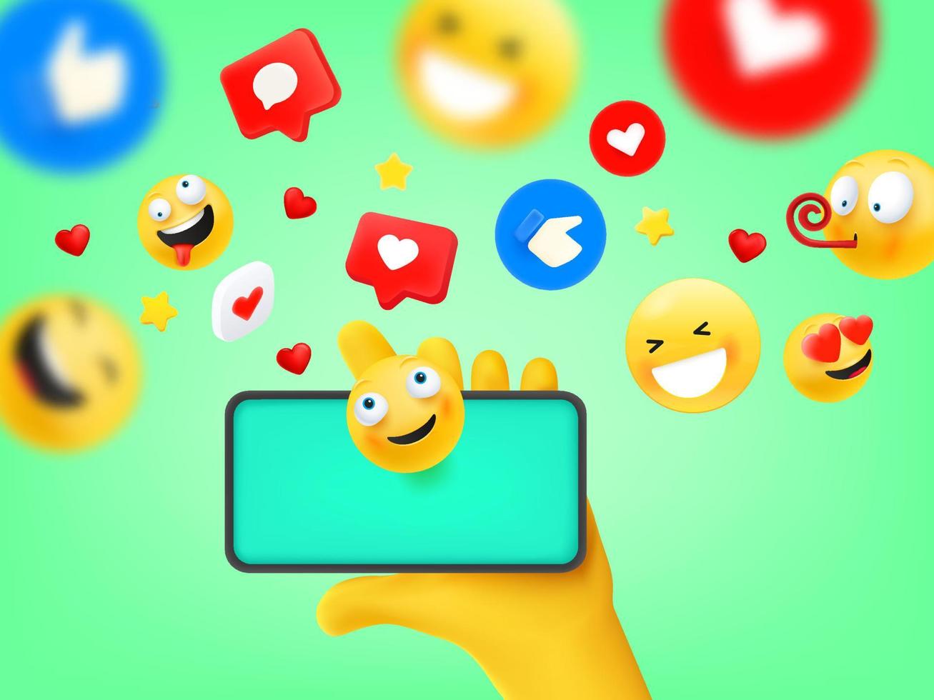 Open shipping box with flying icons. Social network communication concept. 3d vector illustration
