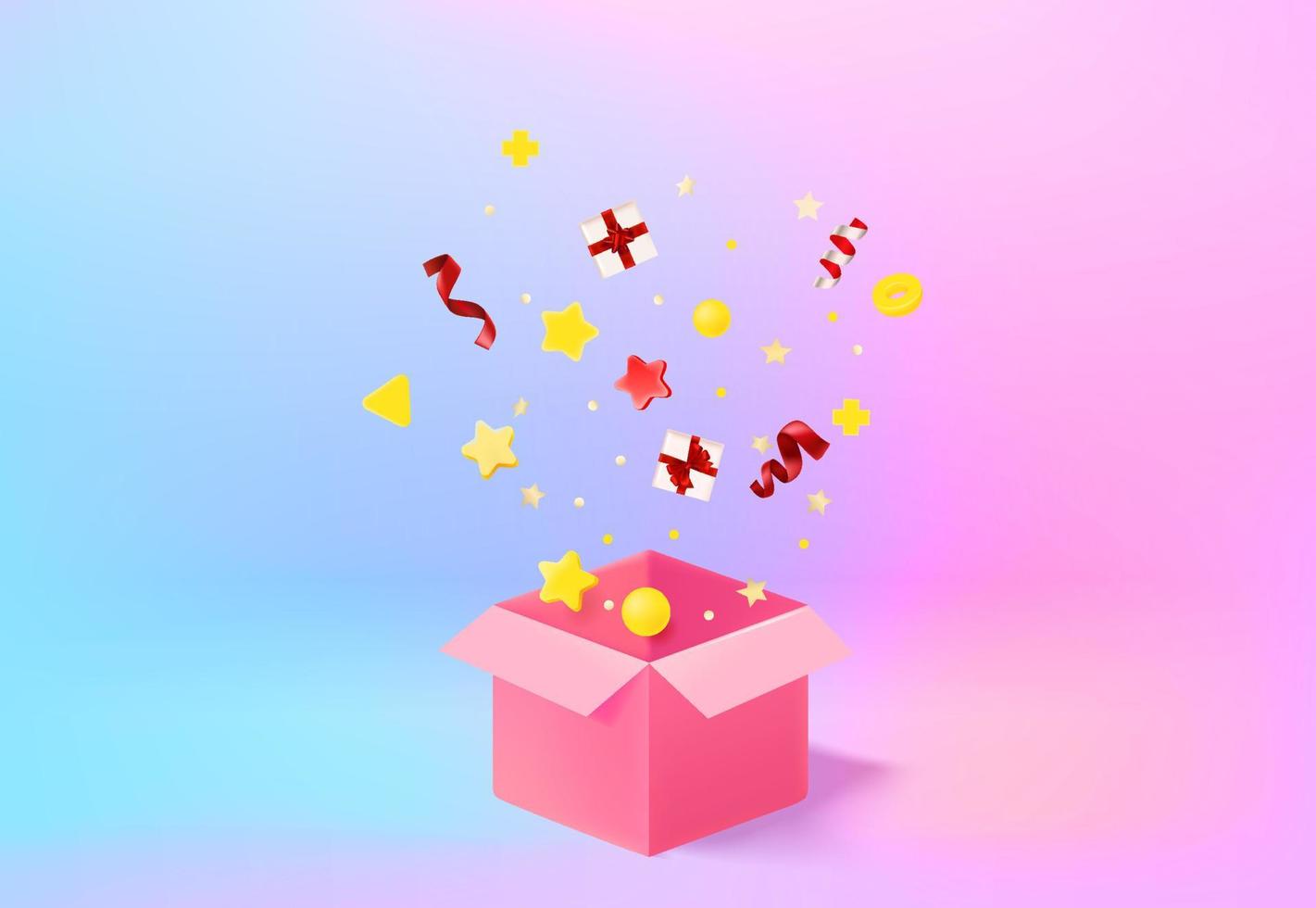 Surprize concept with gift box and confetti. 3d vector banner with copy space