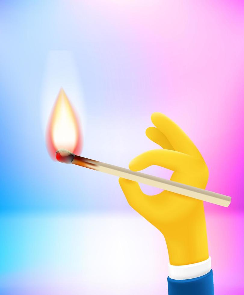 Man holding the match with the flame. 3d vector illustration