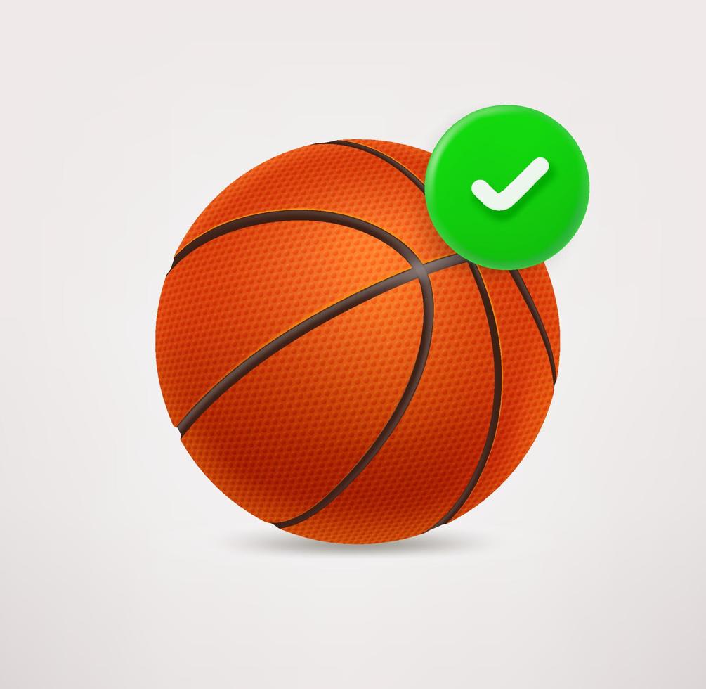 Basketball ball icon with checkmark. 3d vector icon