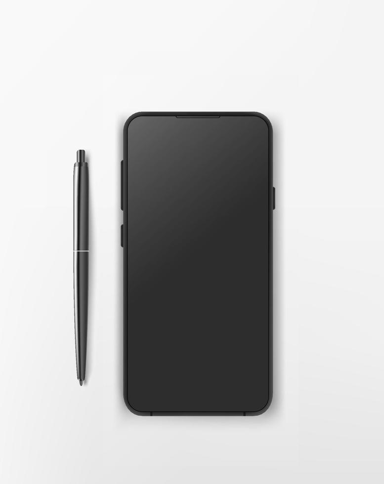 Modern tablet computer with black blank screen and black pen. Flat lay 3d vector illustration with clipping path