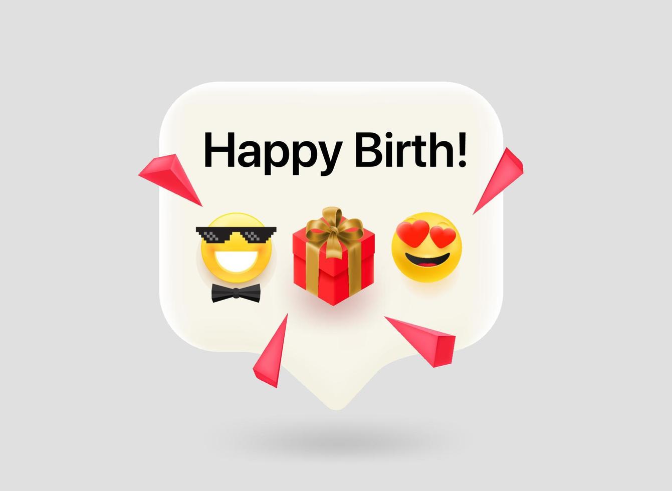 Happy birth concept. Chat bubble with cute emojis. Vector 3d illustration