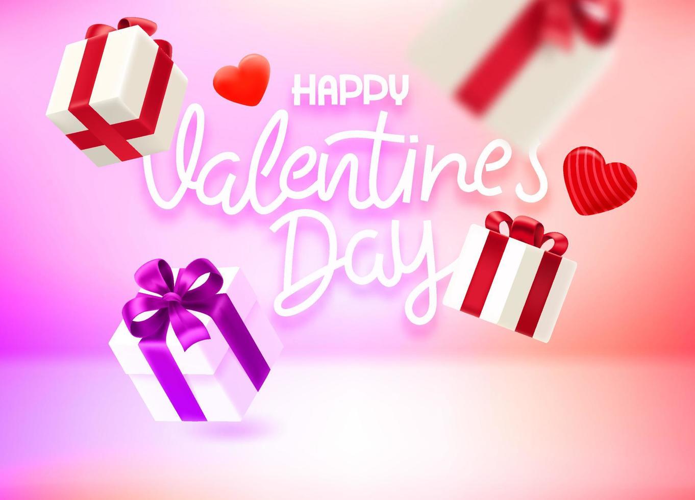 Vivid studio with heart shape, gift boxes and lettering inscription. Happy Valentines Day. Vector 3d illustration with copy space