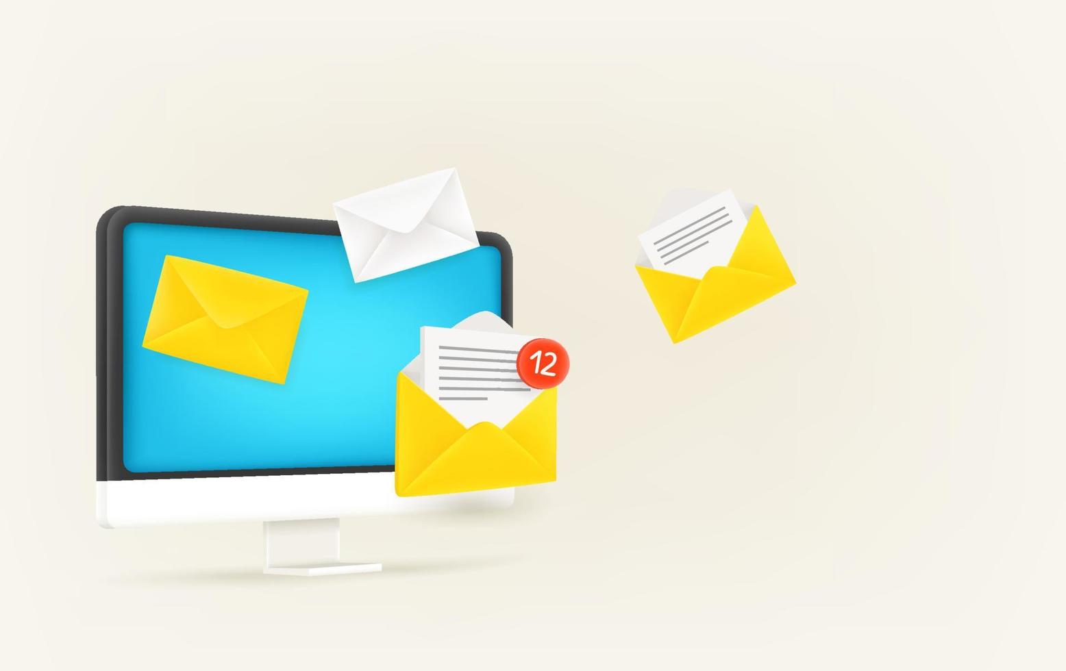 Receiving new mail messages via computer. 3d vector banner with copy space