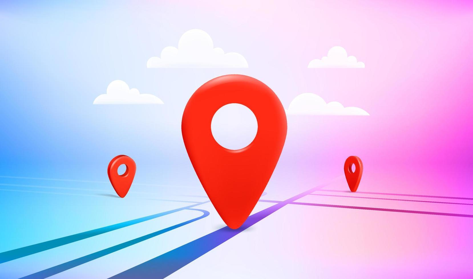 Map navigation red pointers on the road in perspective. 3d vector illustration