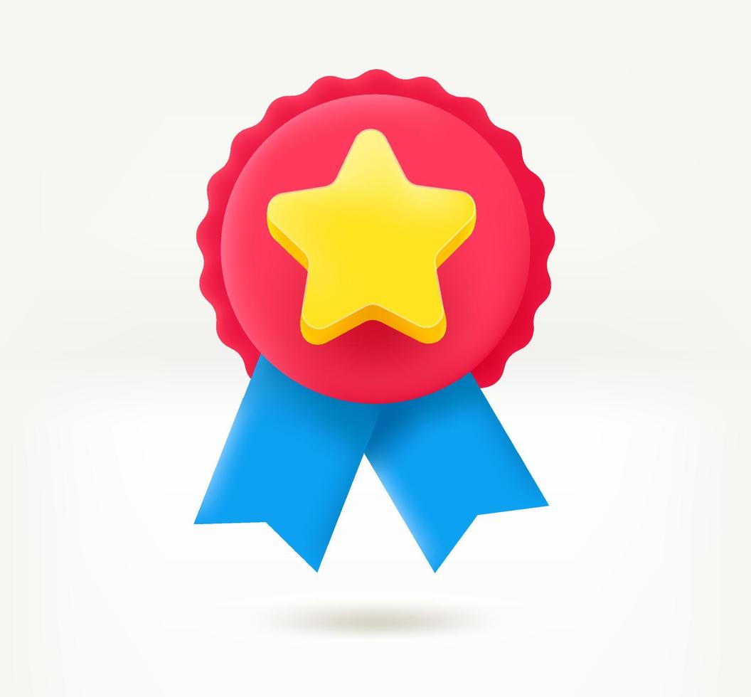 Red insignia with golden star. Achievement concept. 3d vector icon