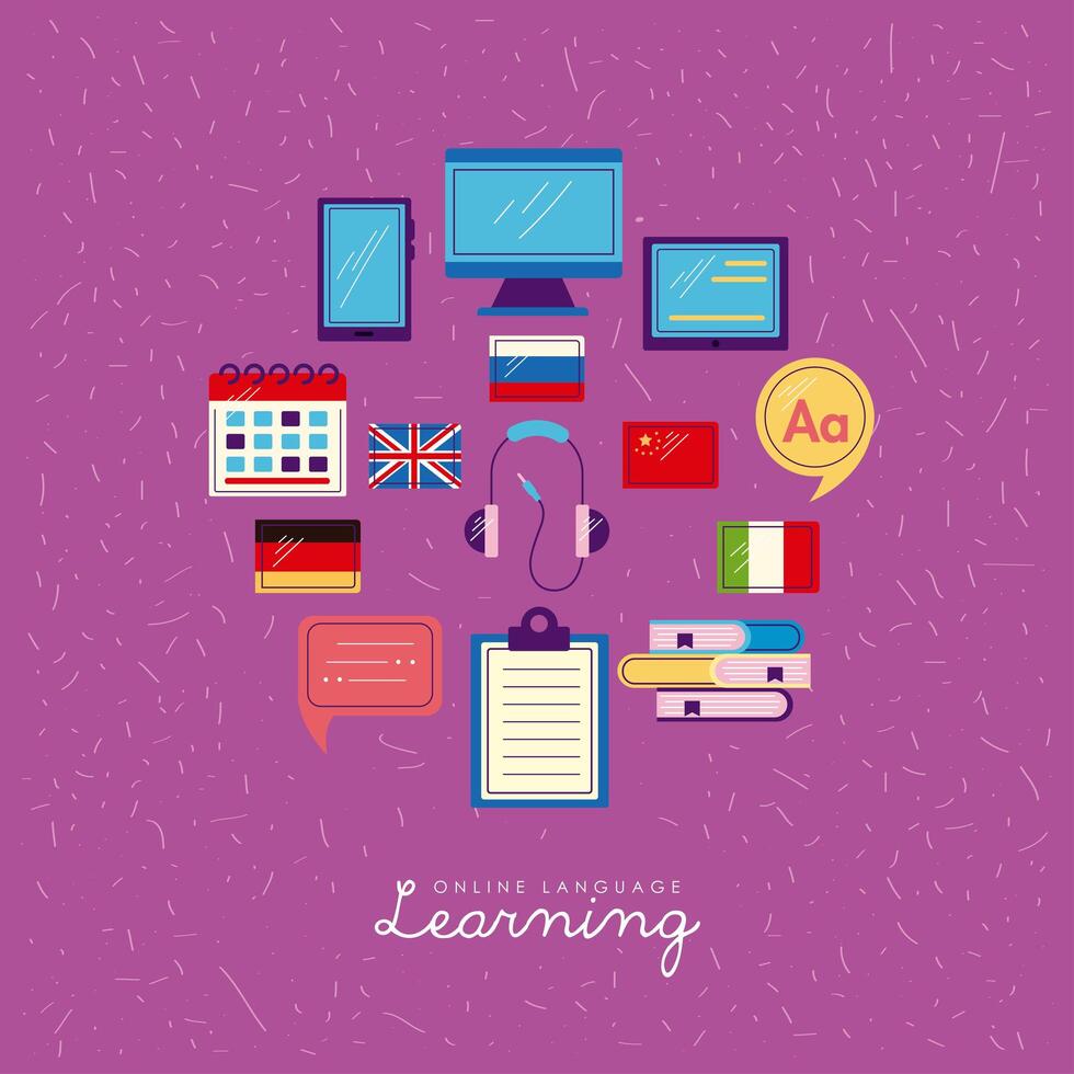 online lenguage learning icons around vector