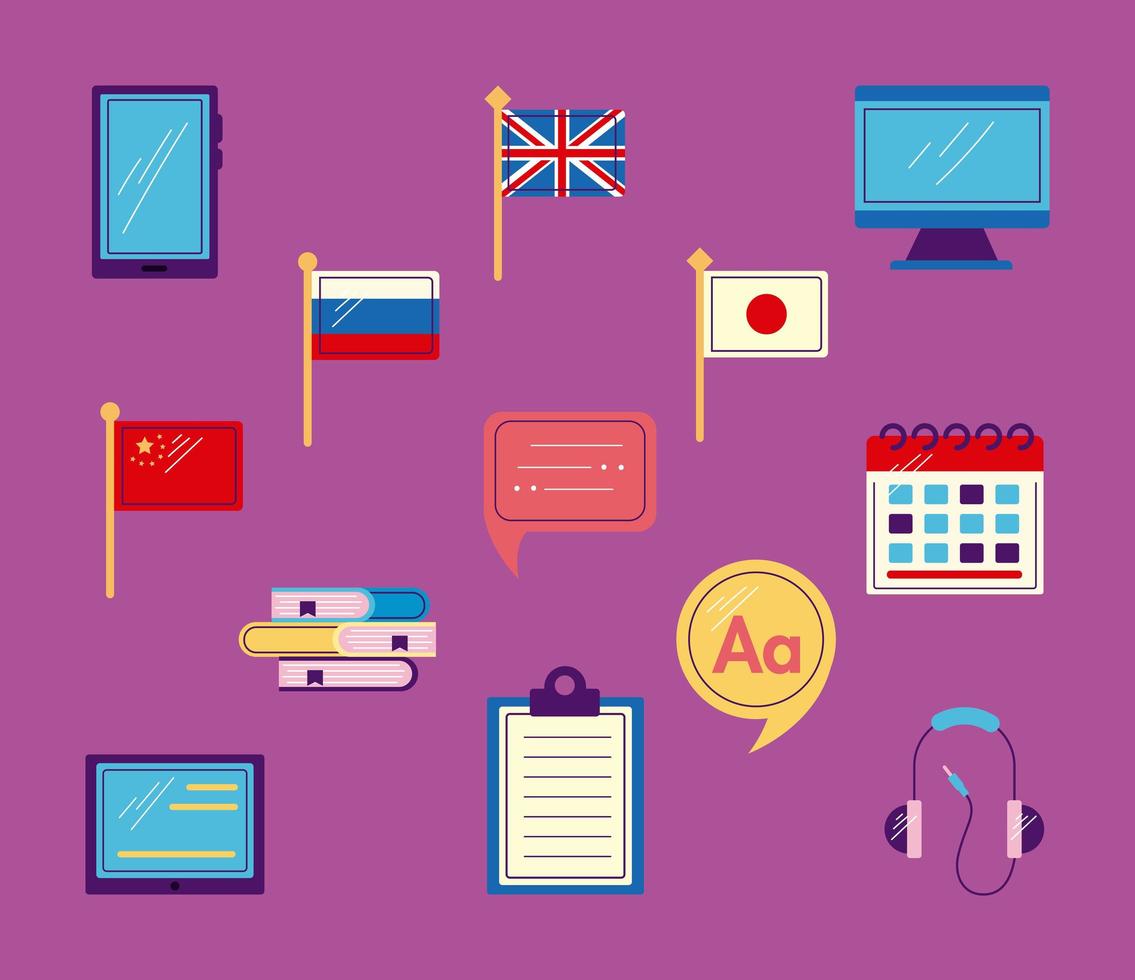 trece iconos de aprendizaje de idiomas en línea vector