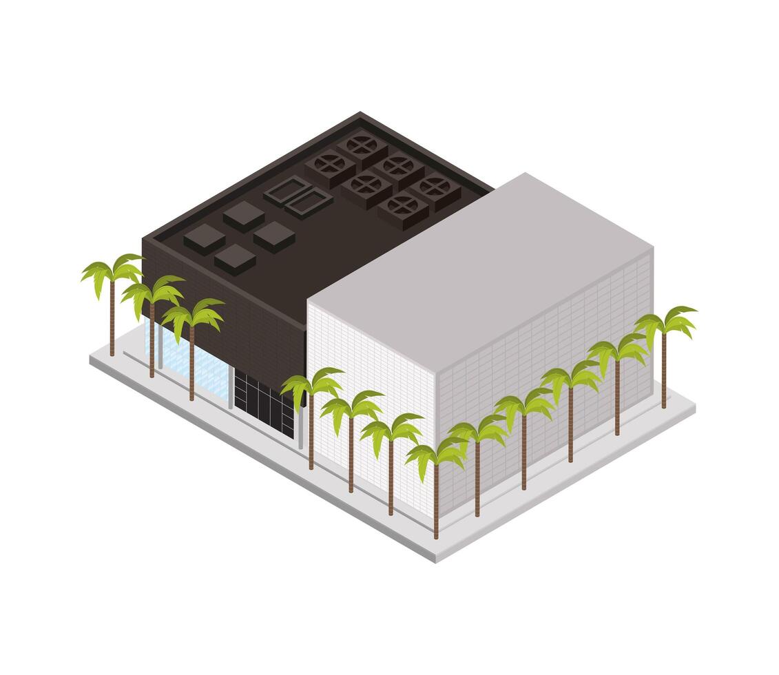 isometric building and palms vector