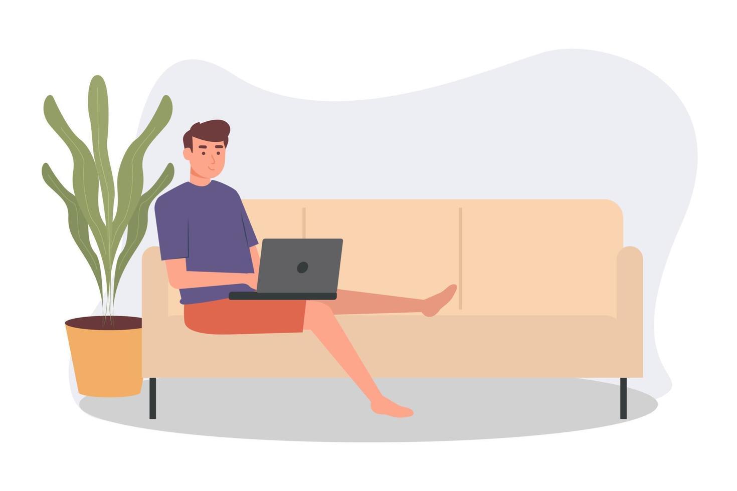 Working From Home Flat Design, Male Working With His Laptop, A freelancer man works behind a laptop. Home office workplace vector