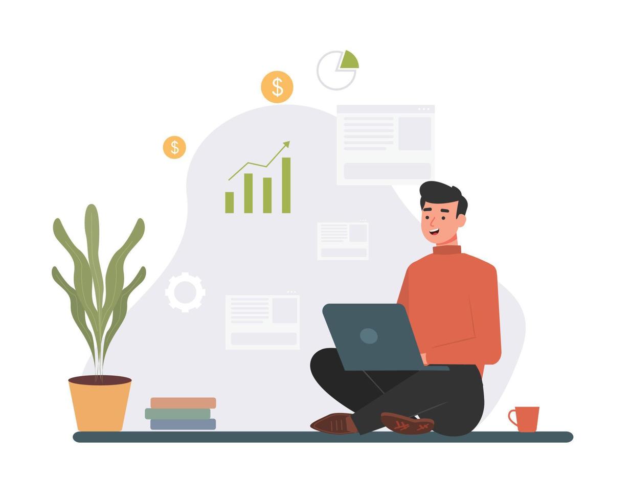 Working From Home Flat Design, Male Working With His Laptop, A freelancer man works behind a laptop. Home office workplace, Freelance people work in comfortable conditions vector
