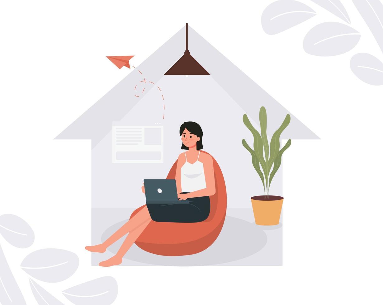 Freelancer character woman working on laptops at home, Female Working From Home Flat Design, Remote Working vector