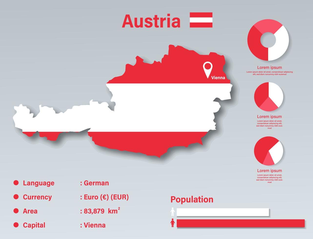 ilustración vectorial infográfica de austria, elemento de datos estadísticos de austria, tablero de información de austria con mapa de bandera, diseño plano de bandera de mapa de austria vector