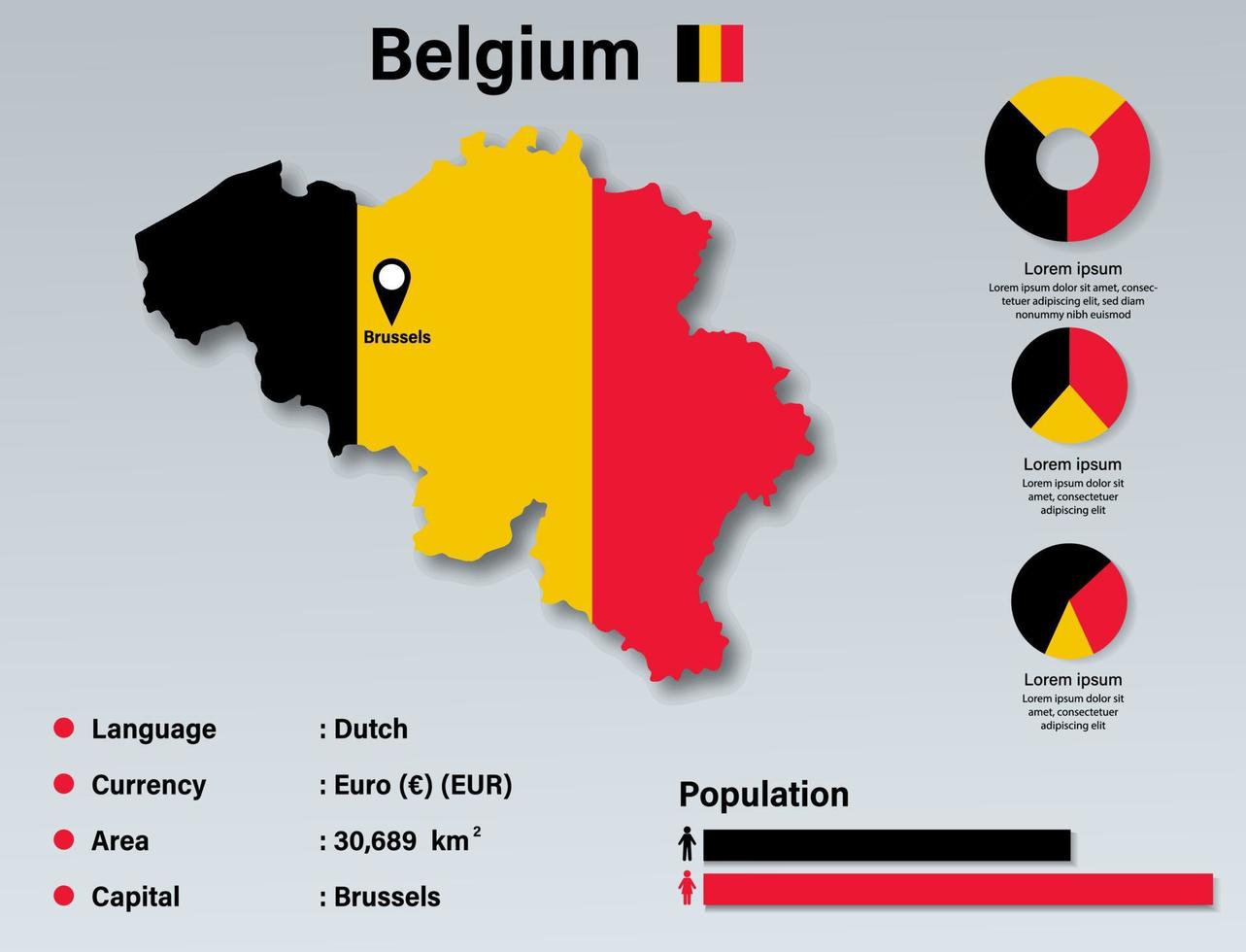 Belgium Infographic Vector Illustration, Belgium Statistical Data Element, Belgium Information Board With Flag Map, Belgia Map Flag Flat Design