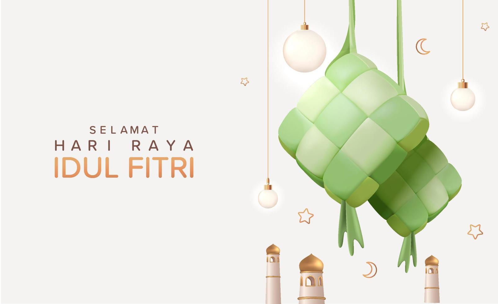 exhibición de eid mubarak con ketupat y lámparas colgantes, diseño de eid al fitr con ilustración vectorial de figurillas de elementos islámicos realistas en 3d vector