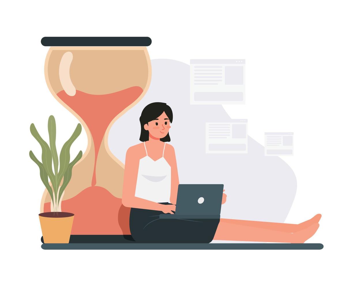 Freelancer character woman working on laptops at home, Female Working From Home Flat Design, Remote Working vector