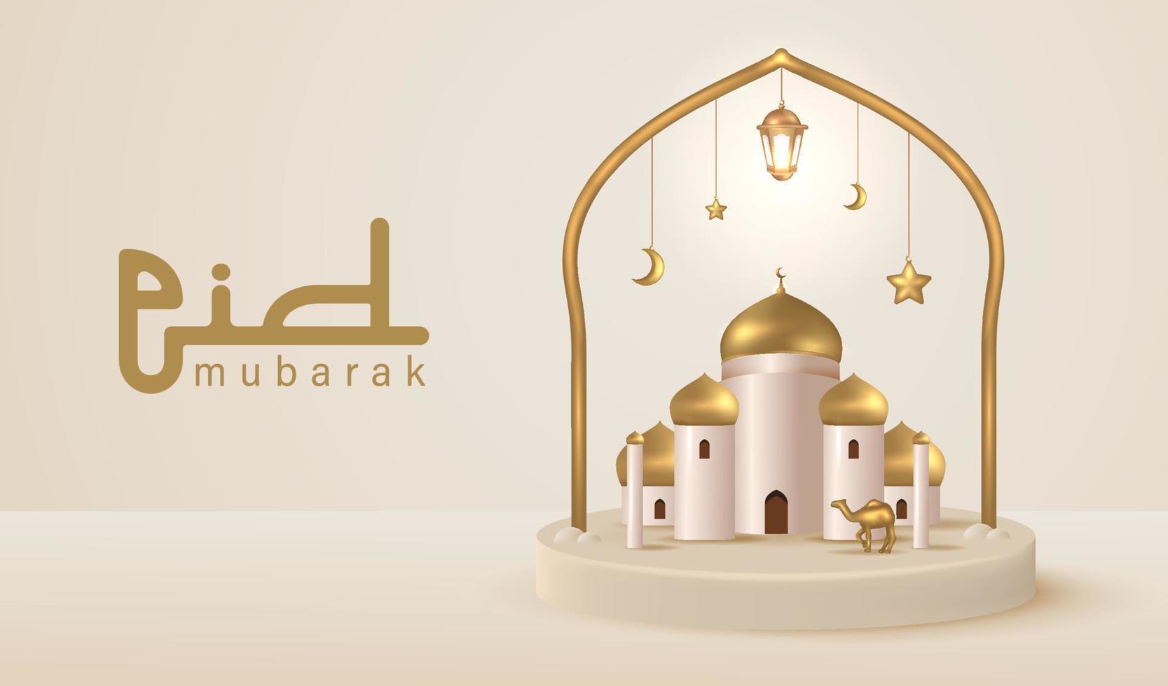 Illustration of 3D Realistic Golden Dome Mosque in Arabian Window Style for Eid Mubarak Template Vector Illustration, Mini Mosque 3D on Round Podium with One Color Background
