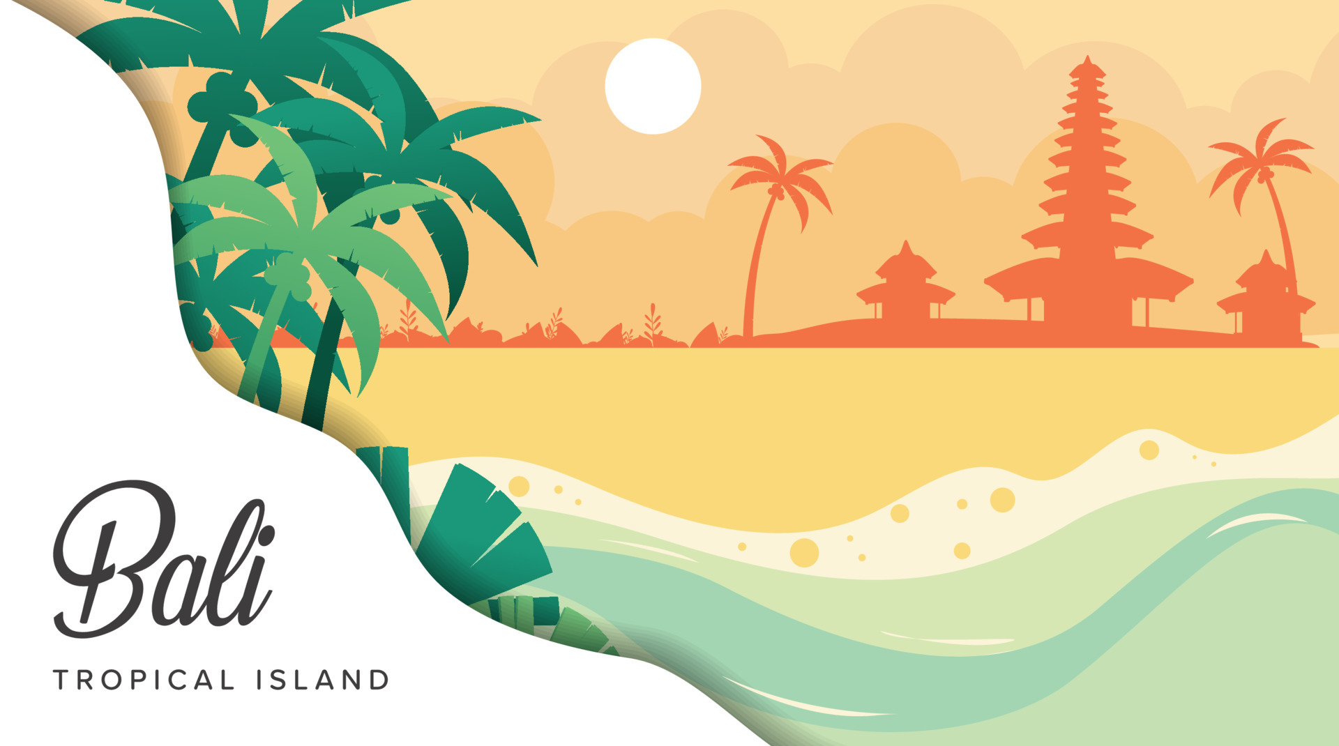 Beautiful Bali Tropical Island In Indonesia Vector Illustration Flat