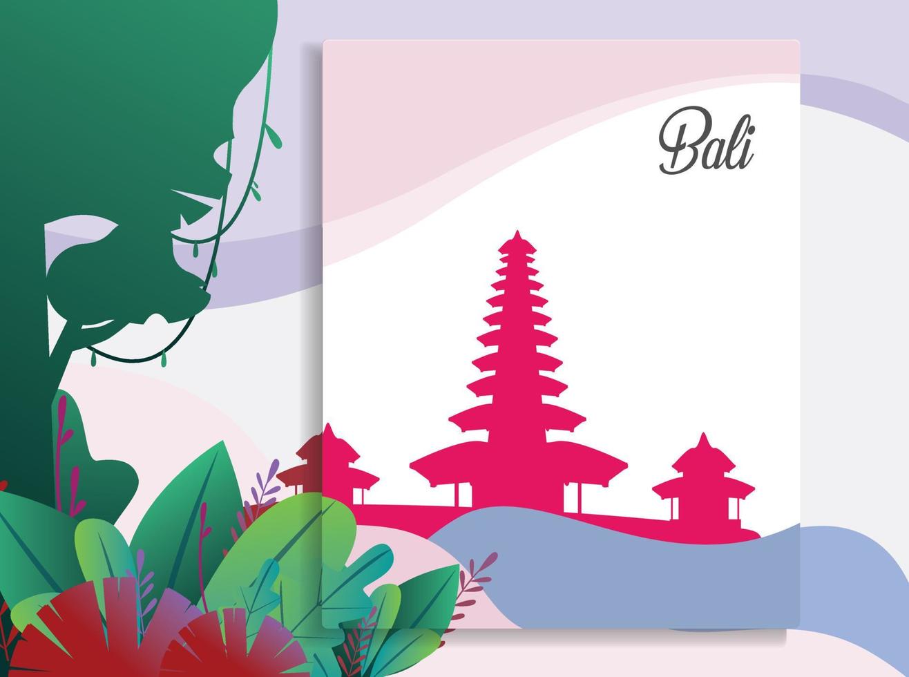 hermosa ilustración de vector de isla tropical de bali con silueta de templo