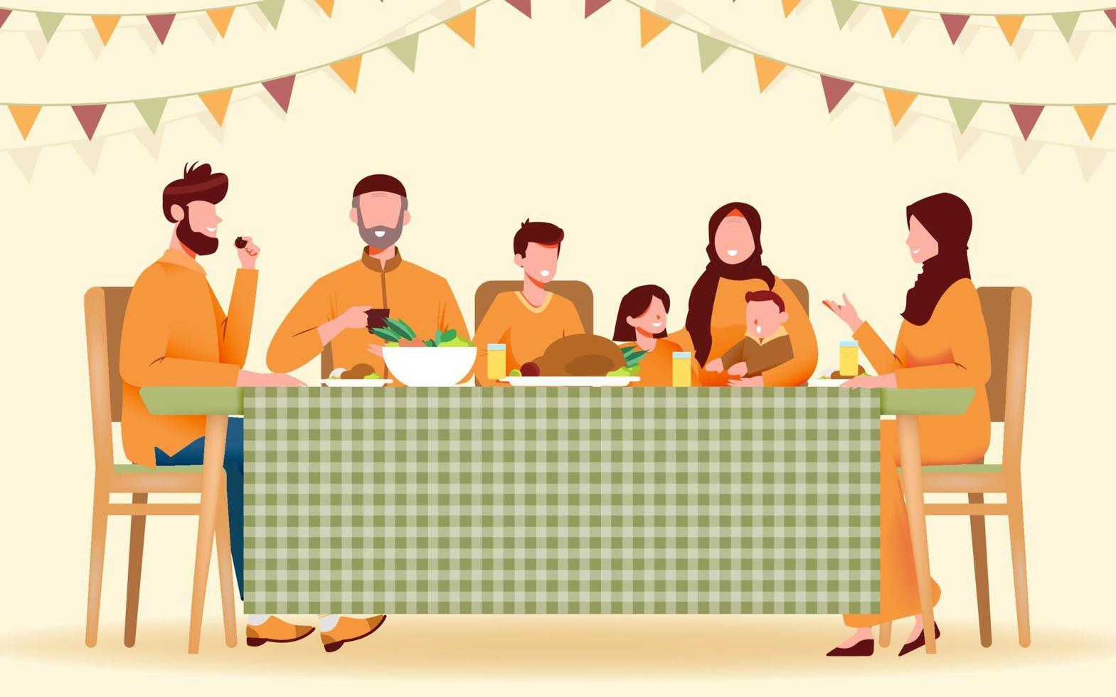 fiesta suhoor e iftar con la familia durante el mes de ramadán ilustración vectorial, ayuno feliz para los musulmanes, comer juntos con la familia musulmana, ramadhan kareem y eid mubarak vector