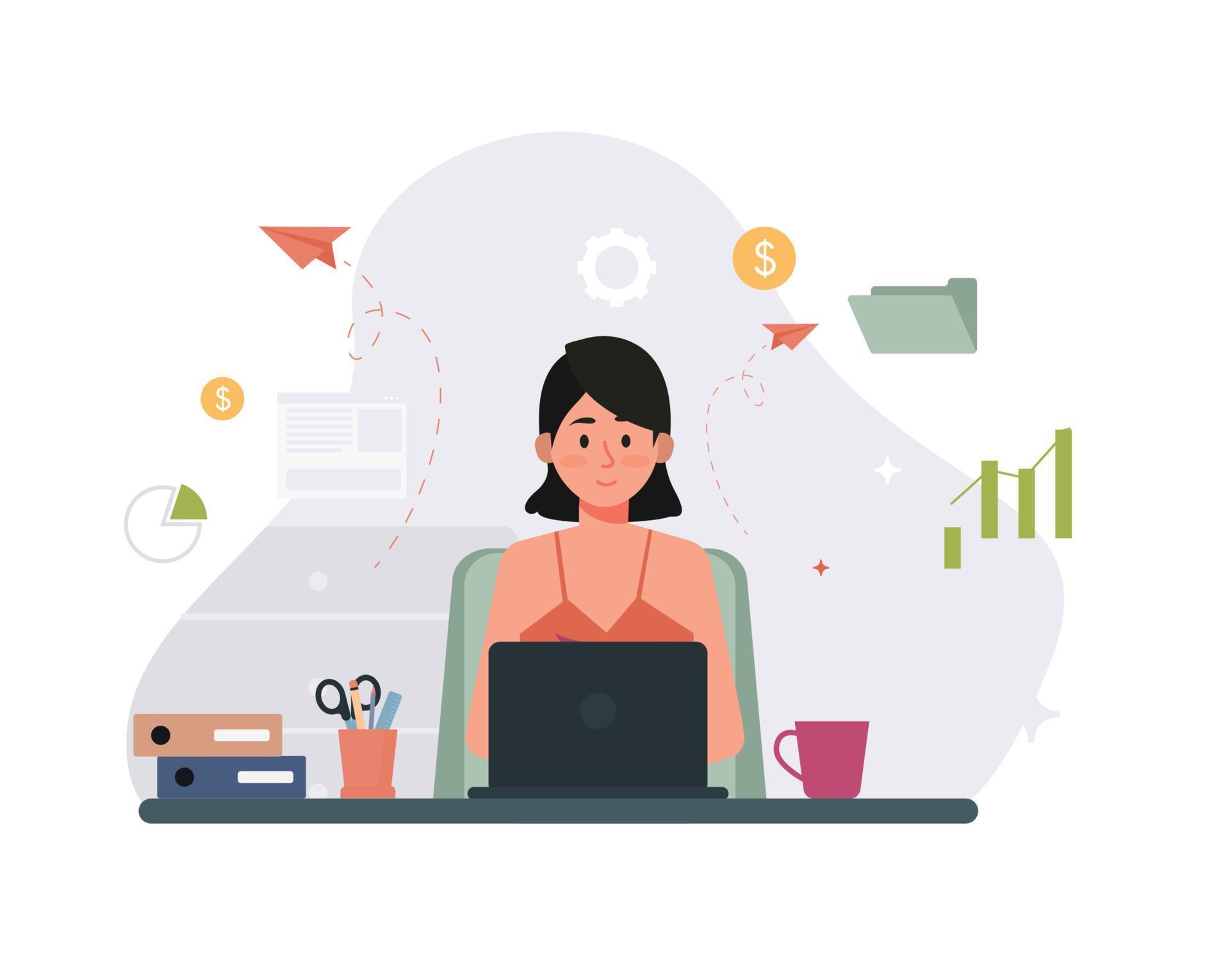 Freelancer character woman working on laptops at home, Female Working ...
