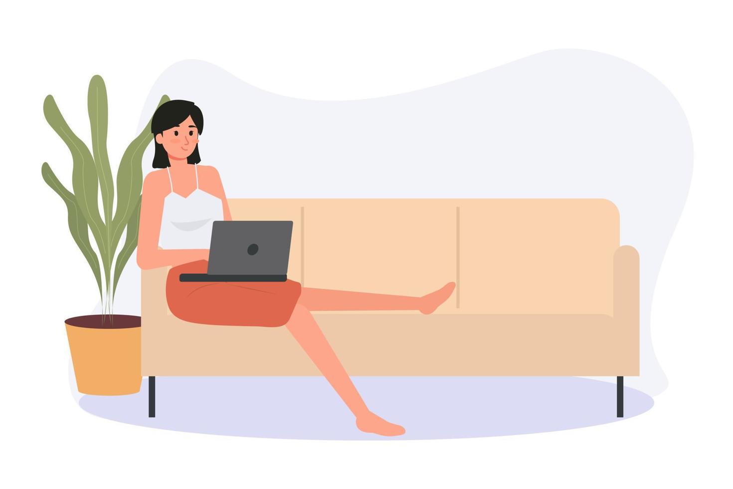 Freelancer character woman working on laptops at home, Female Working From Home Flat Design, Remote Working vector