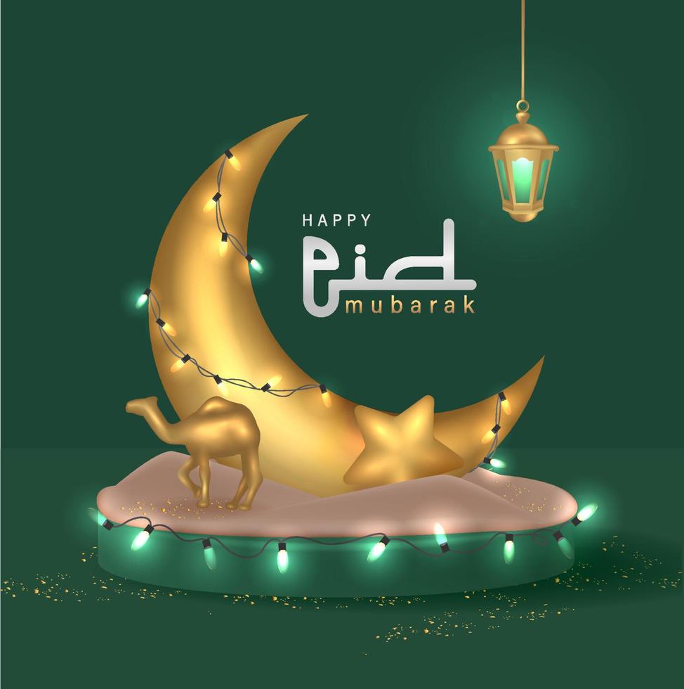 Illustration of 3D Realistic Golden Crescent Moon on Round Podium with Lamps and Hanging Lantern Design, Eid Mubarak Minimalist and Modern Template vector