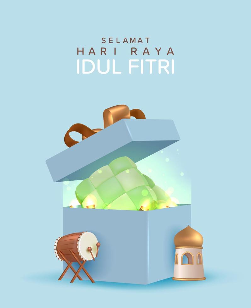 caja de regalos abierta festiva de diseño 3d de eid mubarak, ilustración de vector de sorpresa de regalo de vacaciones