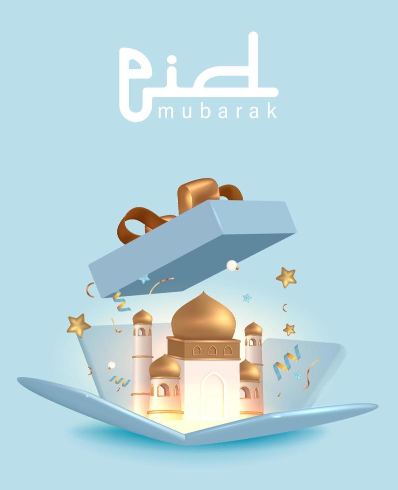 caja de regalos abierta festiva de diseño 3d de eid mubarak, ilustración de vector de sorpresa de regalo de vacaciones