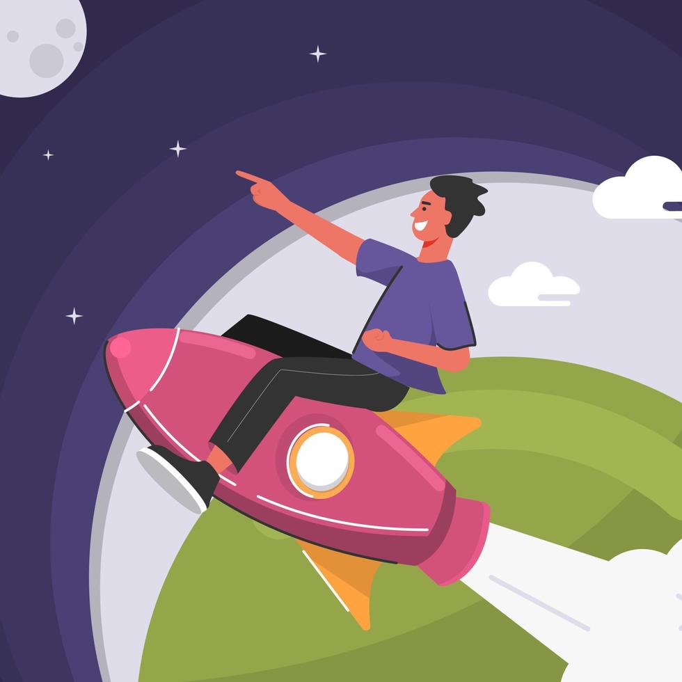 Young Man Flying To The Moon with Rocket Vector Illustration, Chasing Dream Concept, Illustration of Little Kids riding on a Rocket to success