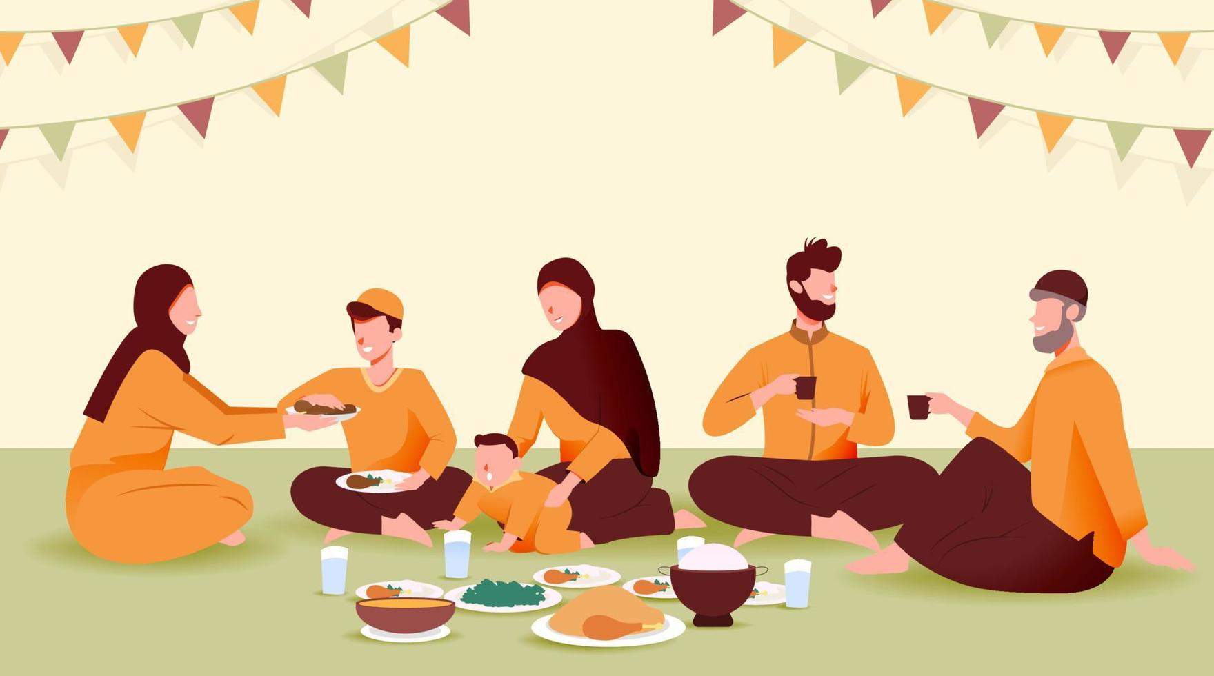 fiesta suhoor e iftar con la familia durante el mes de ramadán ilustración vectorial, ayuno feliz para los musulmanes, comer juntos con la familia musulmana, ramadhan kareem y eid mubarak vector