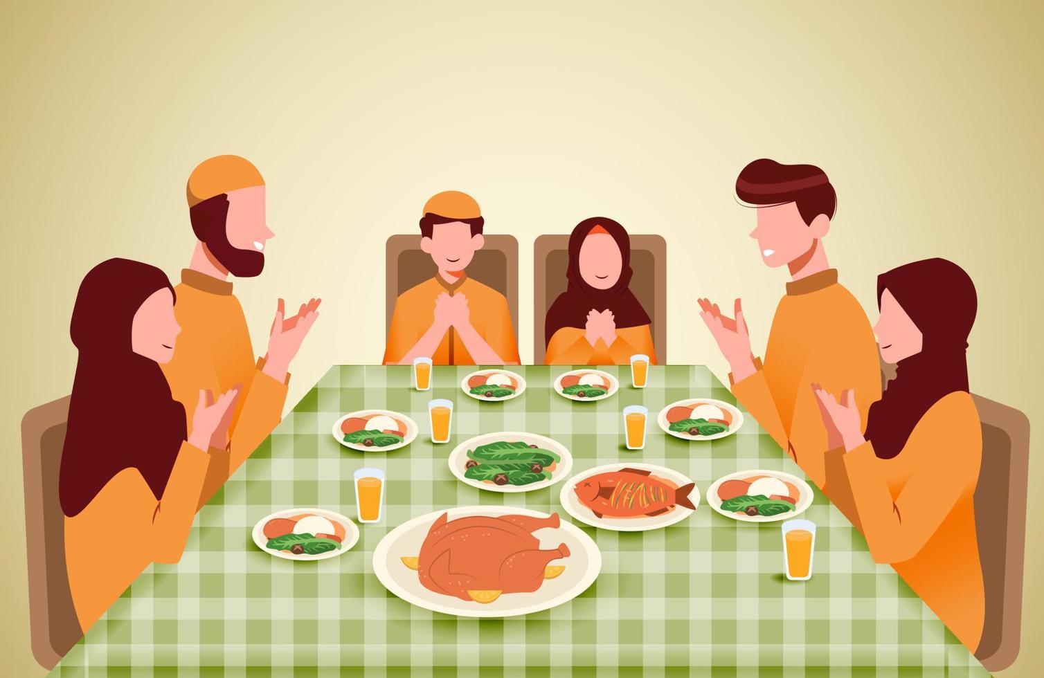 fiesta suhoor e iftar con la familia durante el mes de ramadán ilustración vectorial, ayuno feliz para los musulmanes, comer juntos con la familia musulmana, ramadhan kareem y eid mubarak vector