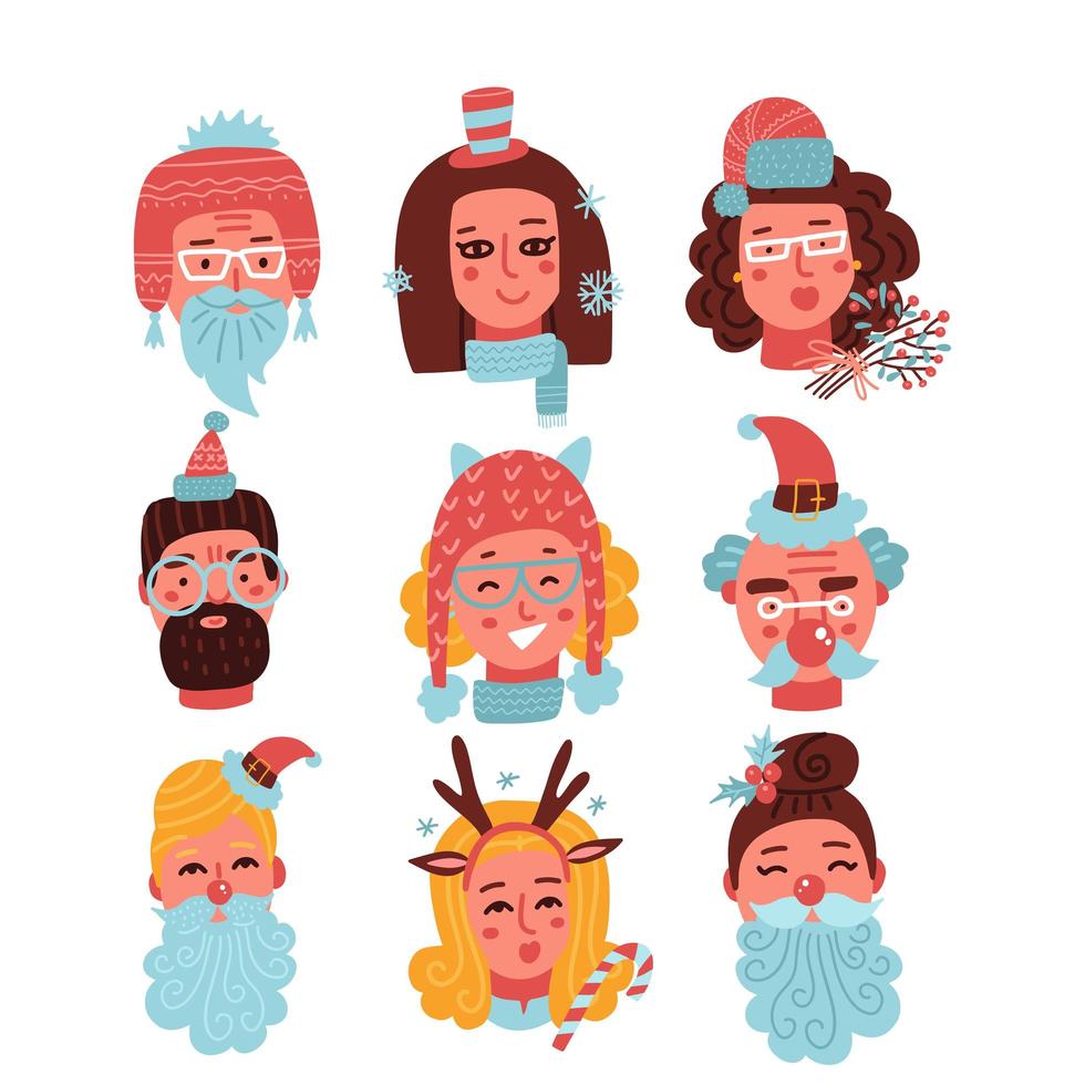 Christmas faces set of cute happy young women and men with different Santa hats and beards. Head portrait of smiling girls and guys. Collection of modern emoticons. Flat vector illustration.
