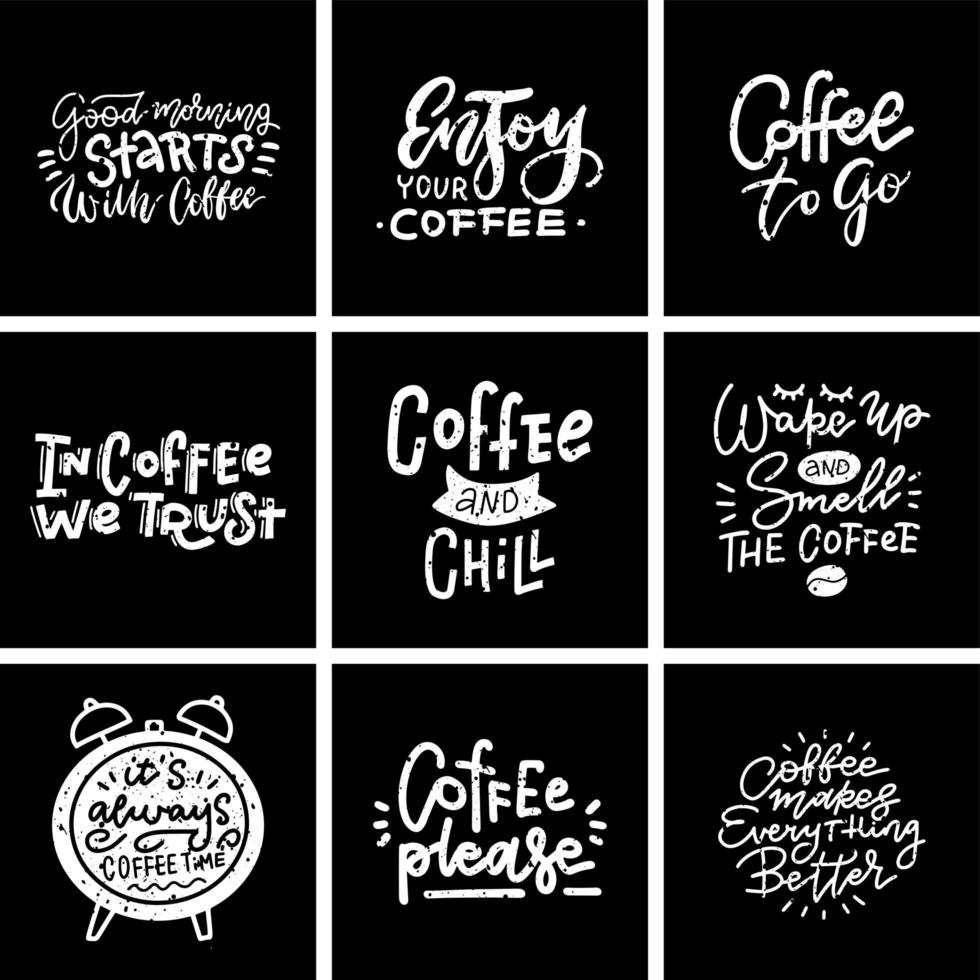 Set Coffee banner or typography, lettering hand drawn on black chalkboard background. Textured vector illustration