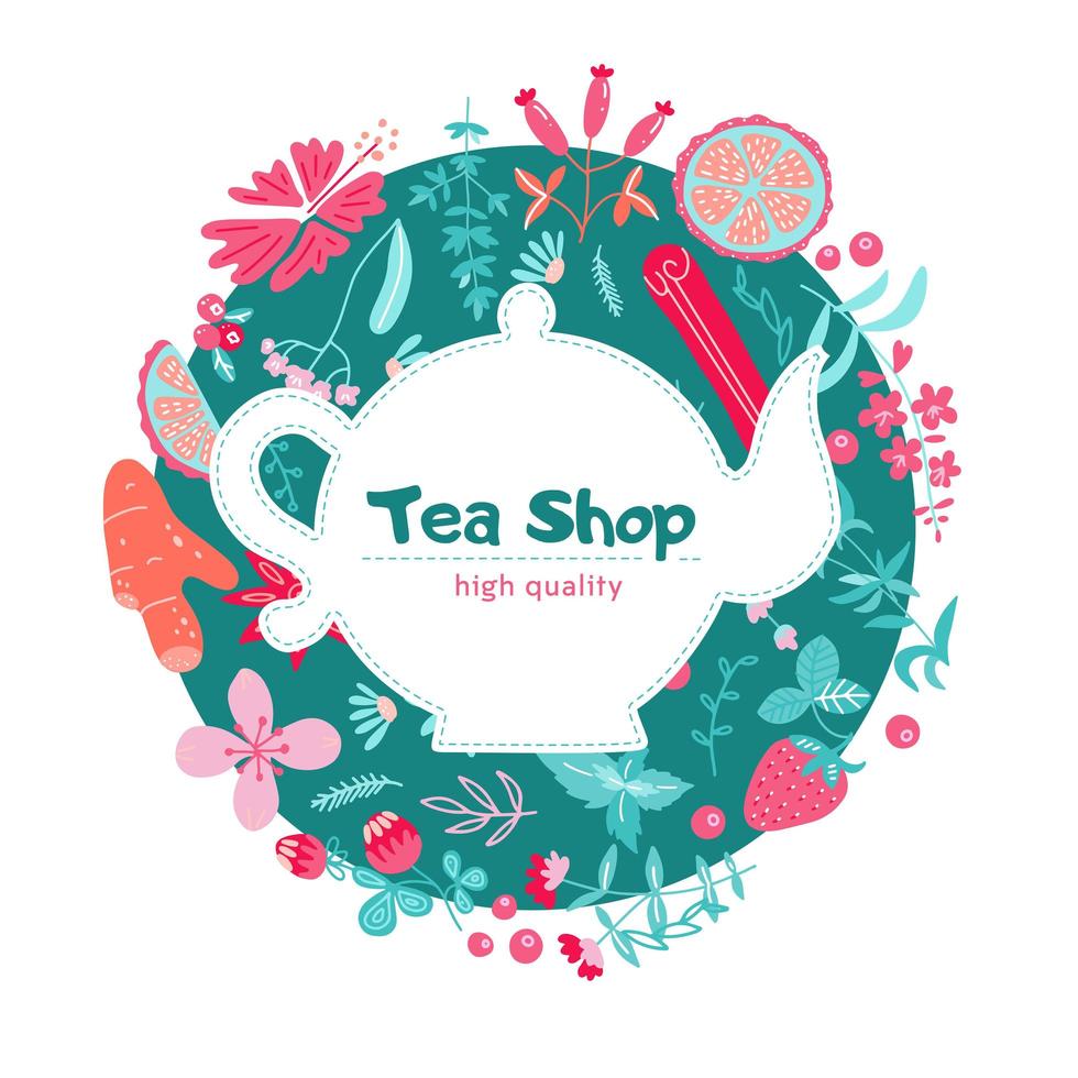 Menu label with herbal tea ingredients, pot silhouette. Beautiful vector hand drawn tea herb flat Illustration. Detailed trendy image. Element for labels, packaging and cards design. Modern background