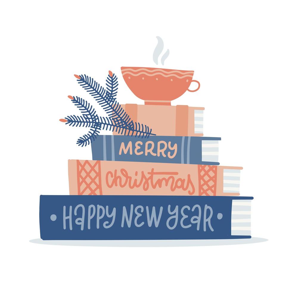 Cup and fir branch on stack of Christmas books. Lettering text is written on the spines of books. Merry Christmas and Happy new year greeting card design. Vector flat hand drawn illustration