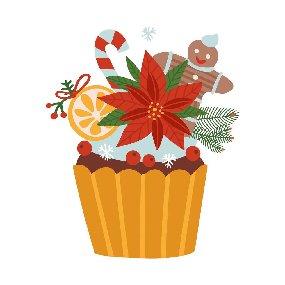 Merry Christmas and Happy New Year food element. Vector flat illustration with cute sweet cupcake decorated with poinsettia, gingerbread man and orange slice. A template for a greeting card.