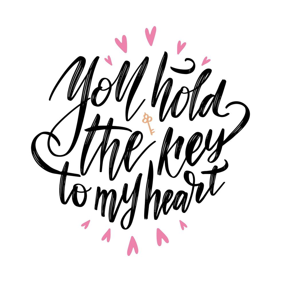 You hold the key to my heart postcard. Phrase for Valentine's day. Ink illustration. Modern brush calligraphy. Isolated on white background. vector