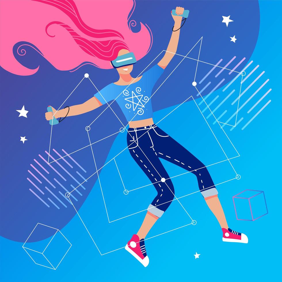 concepto de realidad virtual con una chica interactuando con un universo imaginario a través de gafas vr. mujer con un casco de realidad virtual jugando videojuegos. ilustración plana vectorial. vector