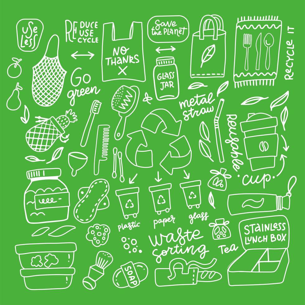 cero elementos de doodle de desperdicio: bolso de mano, cepillo, contenedor de basura, frasco, verduras, copa menstrual, hojas. dibujo lineal de contorno. perfecto para impresiones ecológicas. ilustración vectorial dibujada a mano. vector